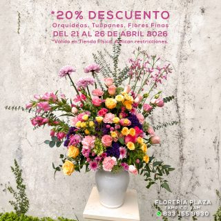 𝟮𝟬% 𝗱𝗲 𝗗𝗘𝗦𝗖𝗨𝗘𝗡𝗧𝗢 𝗱𝗲𝗹 𝟮𝟭 𝗮𝗹 𝟮𝟲 𝗱𝗲 𝗔𝗯𝗿𝗶𝗹
Orquídeas, Tulipanes, Flores Finas
*Válido en Tienda Fisica. Se aplican restricciones.
📍 Visítanos: Faja de Oro 204, Lomas de Rosales, Tampico 
📞 Llámanos: 833 224 4128, 833 224 4129, 833 224 1144
📲 WhatsApp: https://wa.me/5218331559930
#floreriaplazalomas #floreriaplazaentampico #dígaloconflores #TampicoMadero #floresnaturales