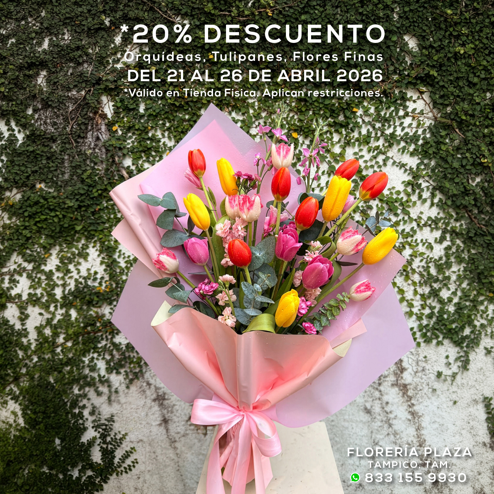 𝟮𝟬% 𝗱𝗲 𝗗𝗘𝗦𝗖𝗨𝗘𝗡𝗧𝗢 𝗱𝗲𝗹 𝟮𝟭 𝗮𝗹 𝟮𝟲 𝗱𝗲 𝗔𝗯𝗿𝗶𝗹
Orquídeas, Tulipanes, Flores Finas
*Válido en Tienda Fisica. Se aplican restricciones.
📍 Visítanos: Faja de Oro 204, Lomas de Rosales, Tampico 
📞 Llámanos: 833 224 4128, 833 224 4129, 833 224 1144
📲 WhatsApp: https://wa.me/5218331559930
#floreriaplazalomas #floreriaplazaentampico #dígaloconflores #TampicoMadero #floresnaturales #primavera